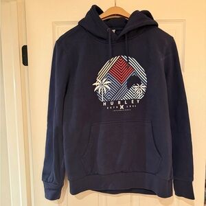 Hurley Hoodie Mens Medium Blue Graphic Print Fleece Lined Ribbed Pockets
